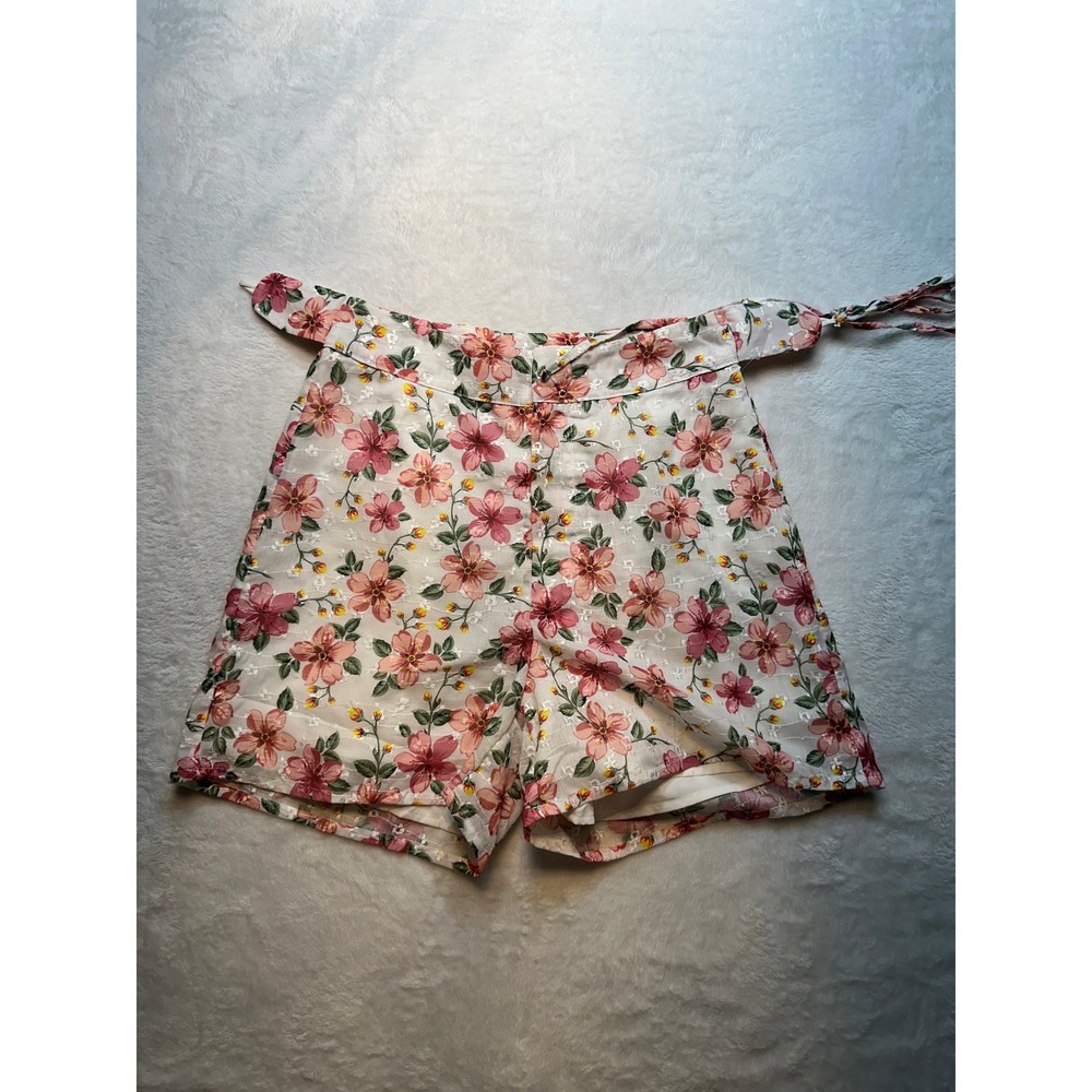 Pomelo Floral Eyelet Shorts White Pink Tie Waist High Rise Small - 224
